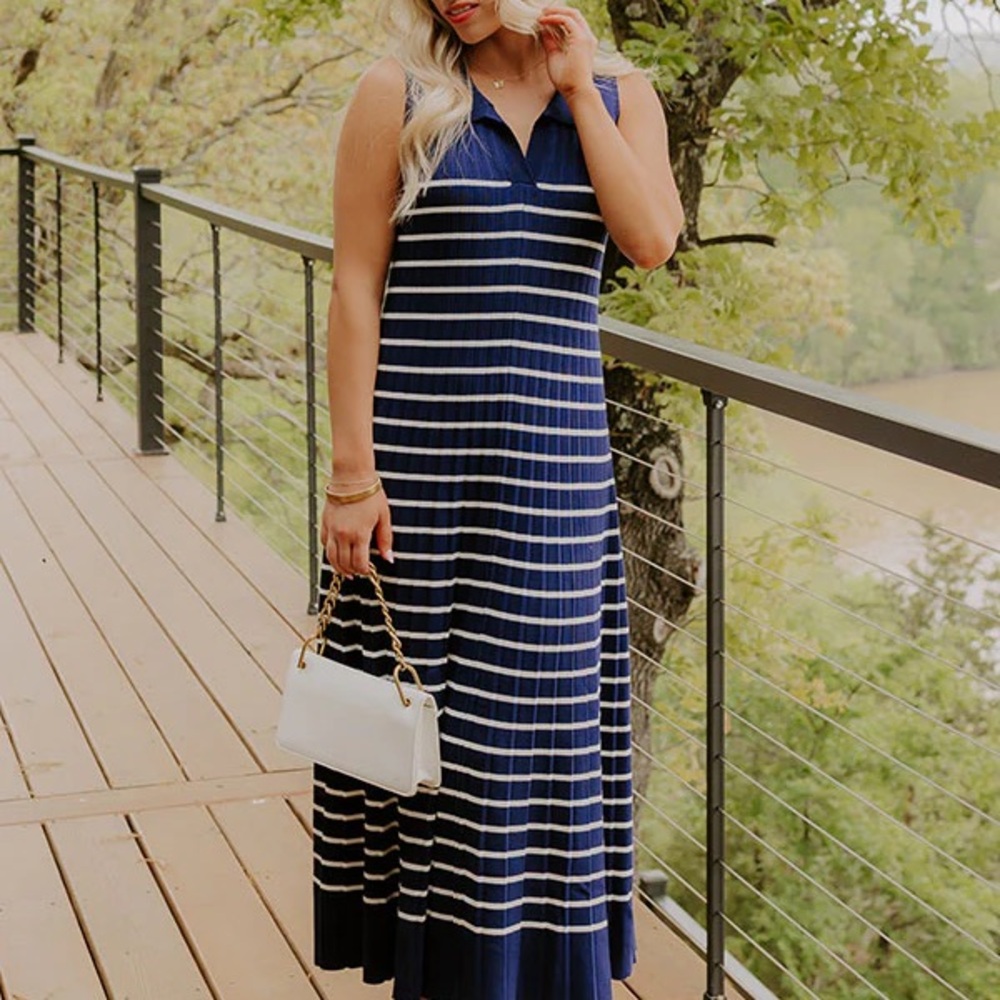 Elegant Navy and White Striped Maxi Dress